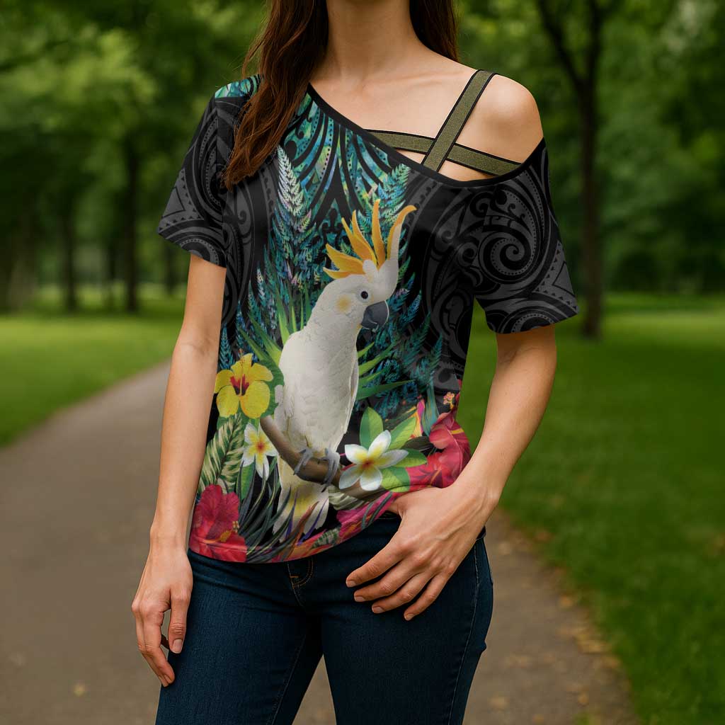 Sulphur-crested Cockatoo New Zealand Cross Shoulder Shirt Paua Shell Aotearoa Maori Tropical Flowers LT14 - Polynesian Pride