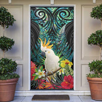 Sulphur-crested Cockatoo New Zealand Door Cover Paua Shell Aotearoa Maori Tropical Flowers LT14 Black - Polynesian Pride