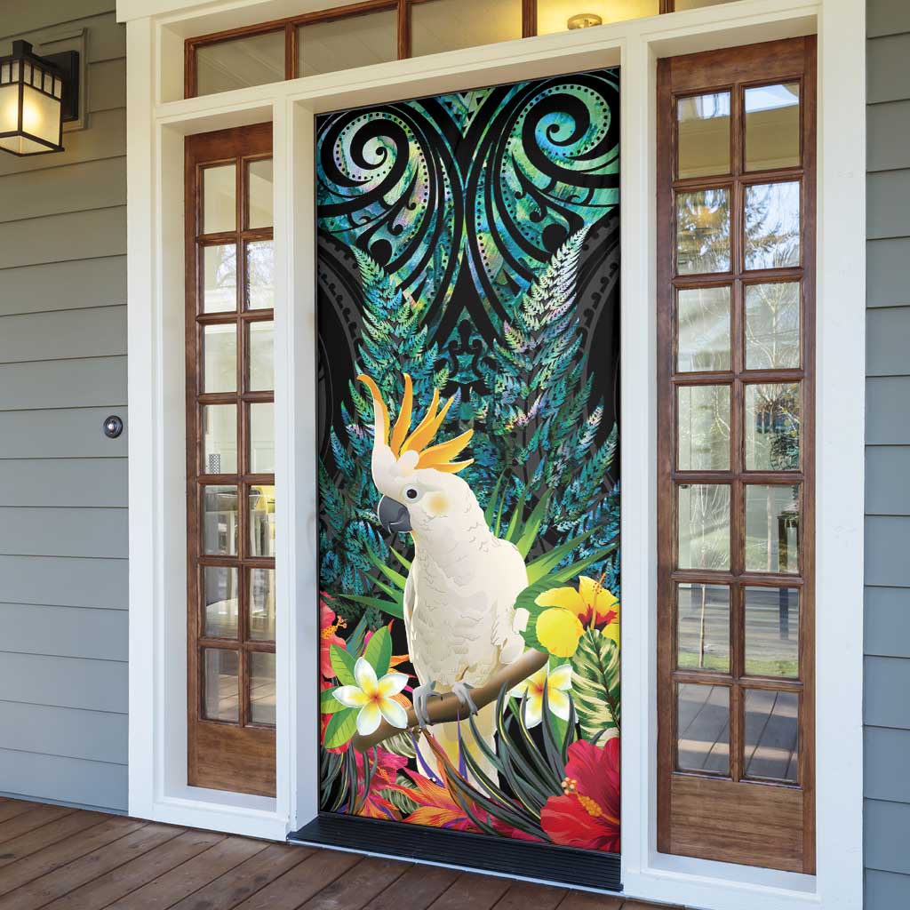 Sulphur-crested Cockatoo New Zealand Door Cover Paua Shell Aotearoa Maori Tropical Flowers LT14 - Polynesian Pride