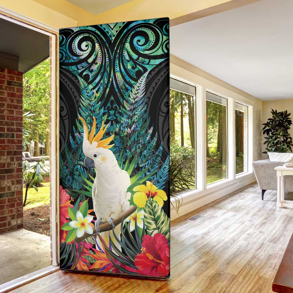 Sulphur-crested Cockatoo New Zealand Door Cover Paua Shell Aotearoa Maori Tropical Flowers LT14 - Polynesian Pride
