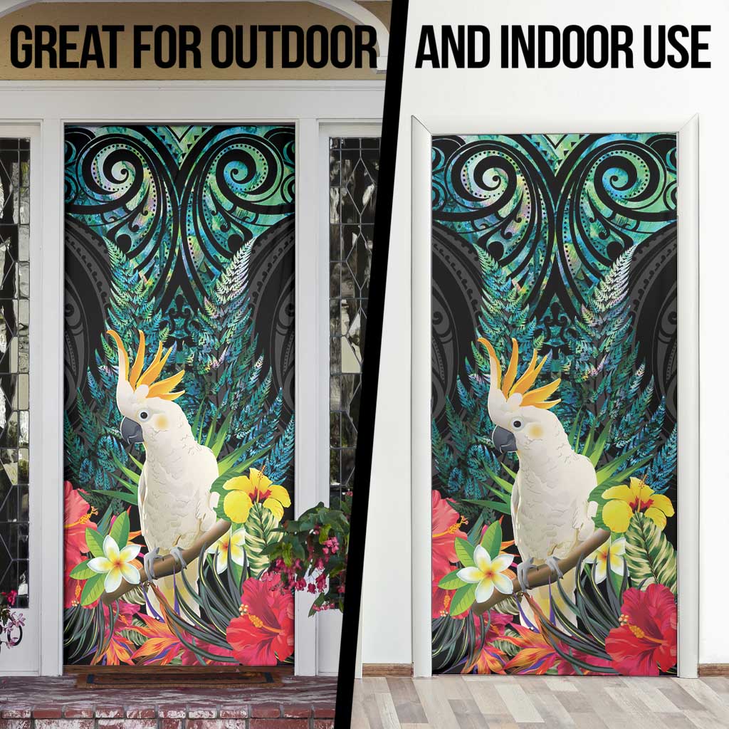 Sulphur-crested Cockatoo New Zealand Door Cover Paua Shell Aotearoa Maori Tropical Flowers LT14 - Polynesian Pride