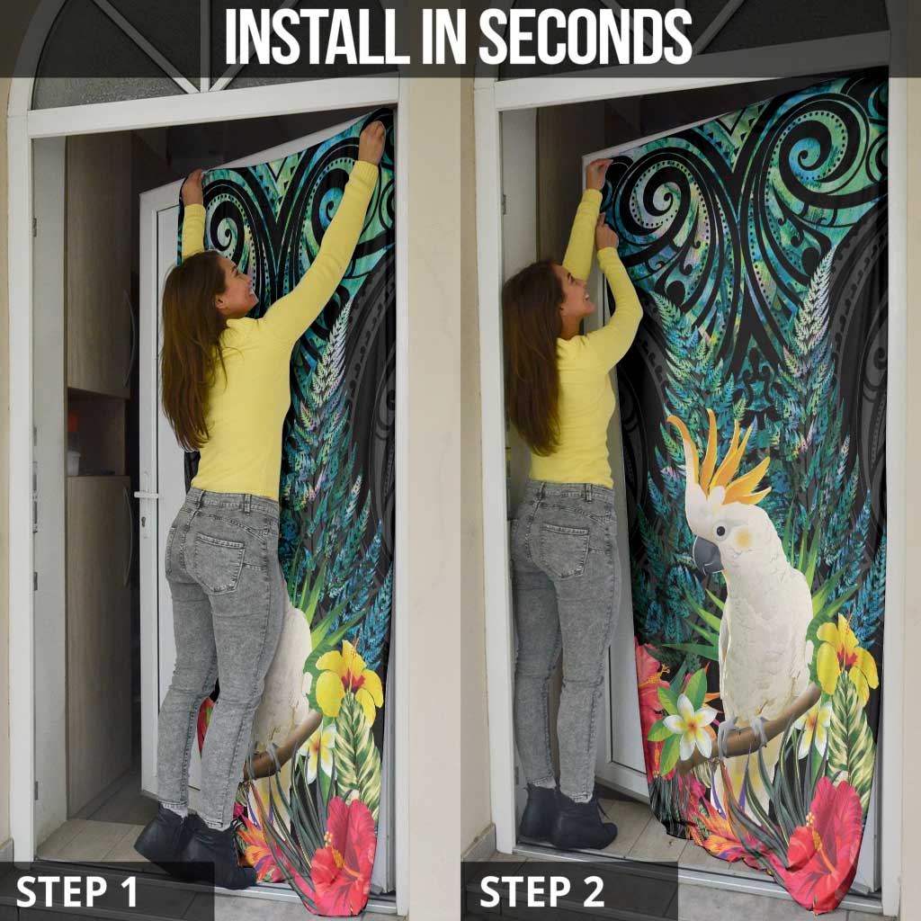Sulphur-crested Cockatoo New Zealand Door Cover Paua Shell Aotearoa Maori Tropical Flowers LT14 - Polynesian Pride