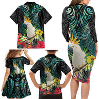 Sulphur-crested Cockatoo New Zealand Family Matching Long Sleeve Bodycon Dress and Hawaiian Shirt Paua Shell Aotearoa Maori Tropical Flowers LT14 - Polynesian Pride