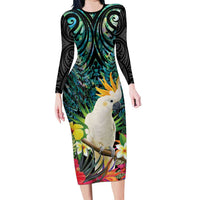 Sulphur-crested Cockatoo New Zealand Family Matching Long Sleeve Bodycon Dress and Hawaiian Shirt Paua Shell Aotearoa Maori Tropical Flowers LT14 Mom's Dress Black - Polynesian Pride