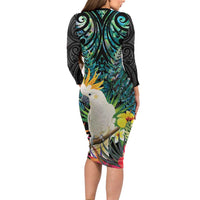Sulphur-crested Cockatoo New Zealand Family Matching Long Sleeve Bodycon Dress and Hawaiian Shirt Paua Shell Aotearoa Maori Tropical Flowers LT14 - Polynesian Pride