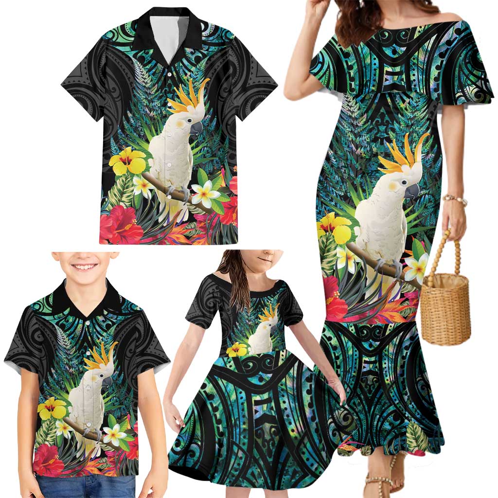 Sulphur-crested Cockatoo New Zealand Family Matching Mermaid Dress and Hawaiian Shirt Paua Shell Aotearoa Maori Tropical Flowers - Polynesian Pride