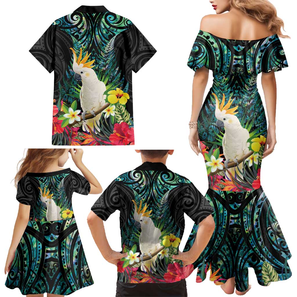 Sulphur-crested Cockatoo New Zealand Family Matching Mermaid Dress and Hawaiian Shirt Paua Shell Aotearoa Maori Tropical Flowers LT14 - Polynesian Pride