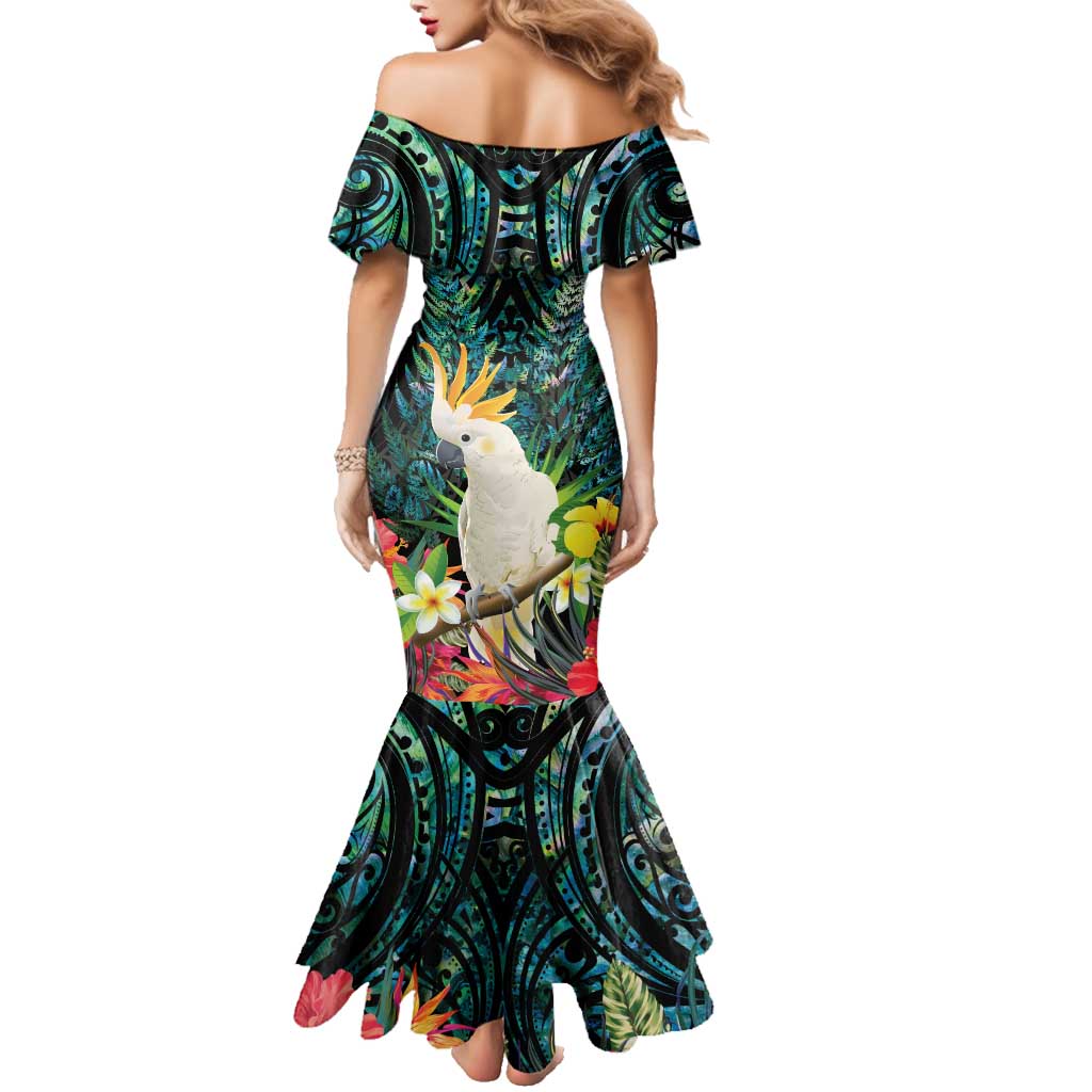 Sulphur-crested Cockatoo New Zealand Family Matching Mermaid Dress and Hawaiian Shirt Paua Shell Aotearoa Maori Tropical Flowers LT14 - Polynesian Pride