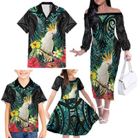 Sulphur-crested Cockatoo New Zealand Family Matching Off The Shoulder Long Sleeve Dress and Hawaiian Shirt Paua Shell Aotearoa Maori Tropical Flowers LT14 - Polynesian Pride