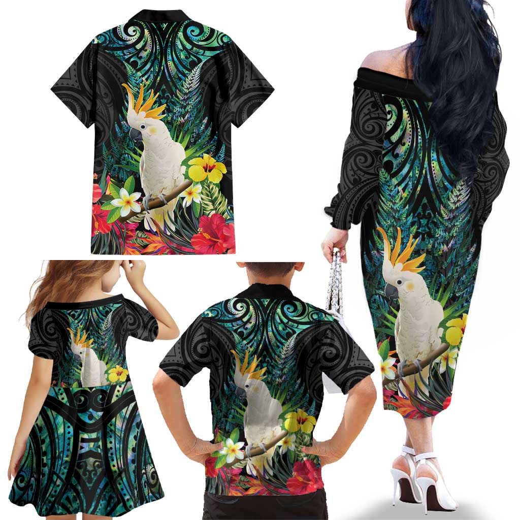 Sulphur-crested Cockatoo New Zealand Family Matching Off The Shoulder Long Sleeve Dress and Hawaiian Shirt Paua Shell Aotearoa Maori Tropical Flowers LT14 - Polynesian Pride