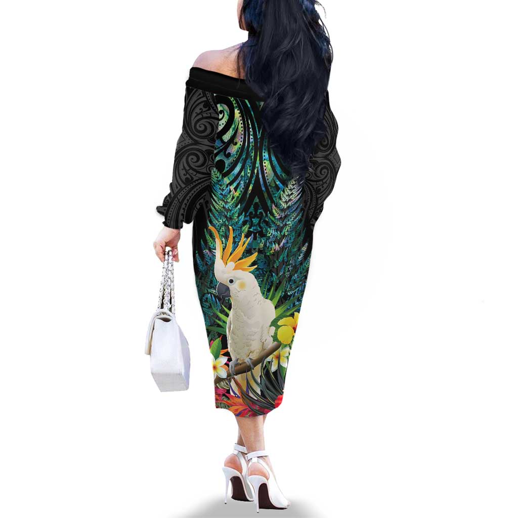 Sulphur-crested Cockatoo New Zealand Family Matching Off The Shoulder Long Sleeve Dress and Hawaiian Shirt Paua Shell Aotearoa Maori Tropical Flowers LT14 - Polynesian Pride