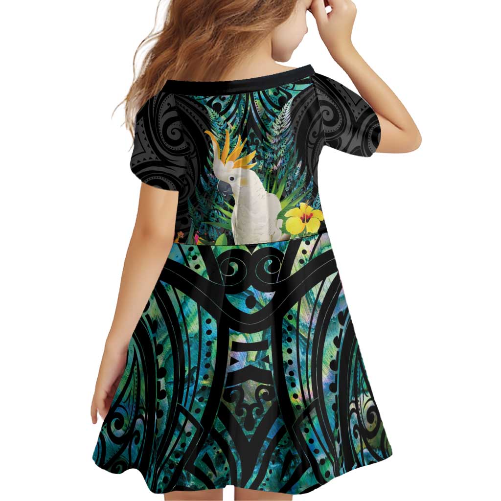 Sulphur-crested Cockatoo New Zealand Family Matching Off Shoulder Maxi Dress and Hawaiian Shirt Paua Shell Aotearoa Maori Tropical Flowers LT14 - Polynesian Pride