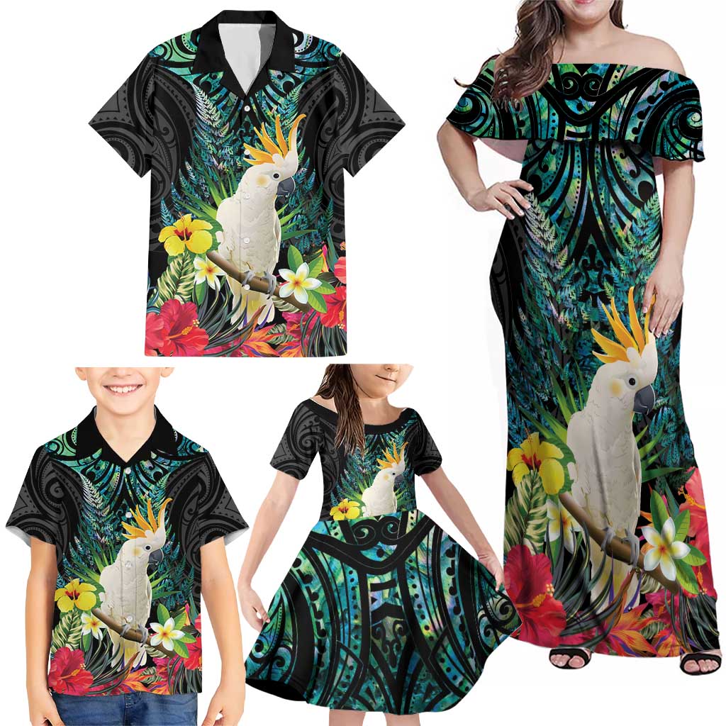 Sulphur-crested Cockatoo New Zealand Family Matching Off Shoulder Maxi Dress and Hawaiian Shirt Paua Shell Aotearoa Maori Tropical Flowers - Polynesian Pride