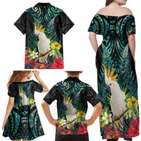 Sulphur-crested Cockatoo New Zealand Family Matching Off Shoulder Maxi Dress and Hawaiian Shirt Paua Shell Aotearoa Maori Tropical Flowers LT14 - Polynesian Pride
