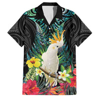 Sulphur-crested Cockatoo New Zealand Family Matching Off Shoulder Maxi Dress and Hawaiian Shirt Paua Shell Aotearoa Maori Tropical Flowers LT14 Dad's Shirt - Short Sleeve Black - Polynesian Pride