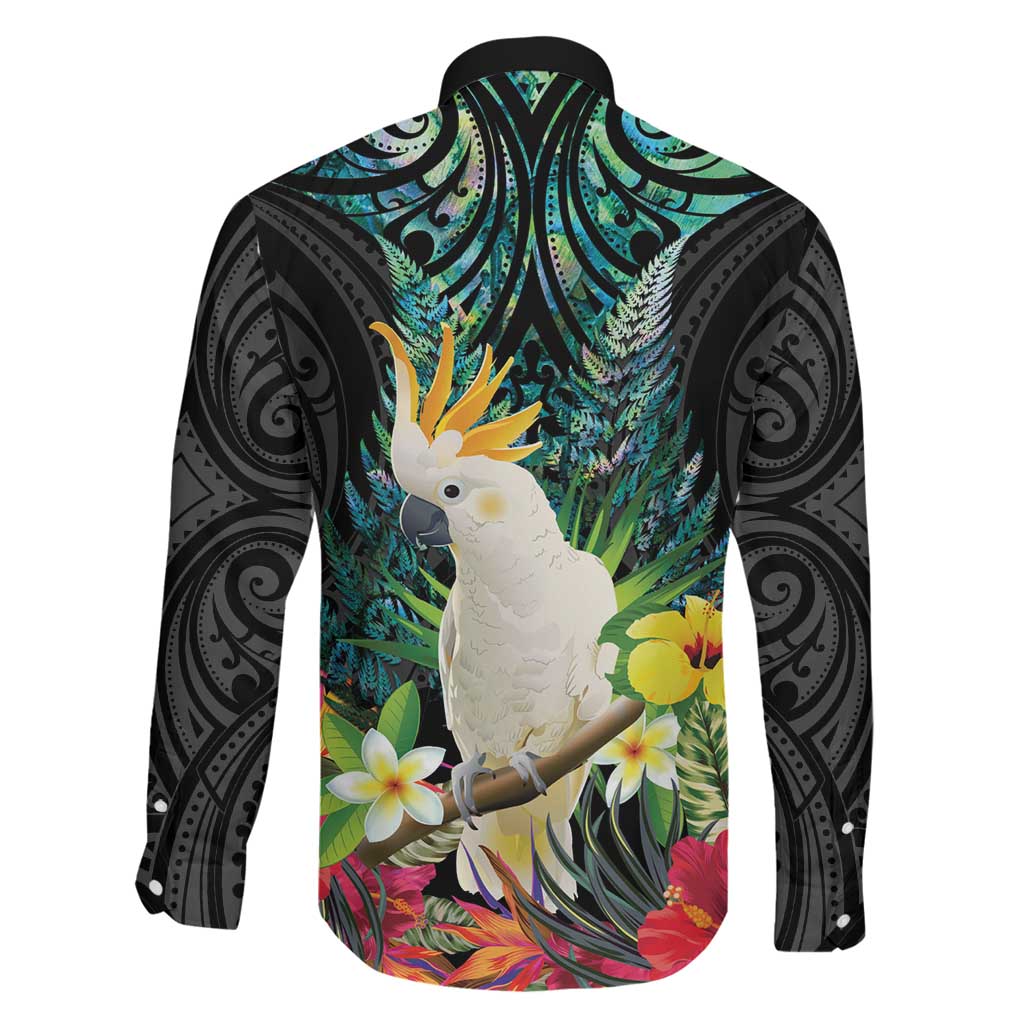 Sulphur-crested Cockatoo New Zealand Family Matching Off Shoulder Maxi Dress and Hawaiian Shirt Paua Shell Aotearoa Maori Tropical Flowers LT14 - Polynesian Pride