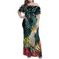 Sulphur-crested Cockatoo New Zealand Family Matching Off Shoulder Maxi Dress and Hawaiian Shirt Paua Shell Aotearoa Maori Tropical Flowers LT14 Mom's Dress Black - Polynesian Pride