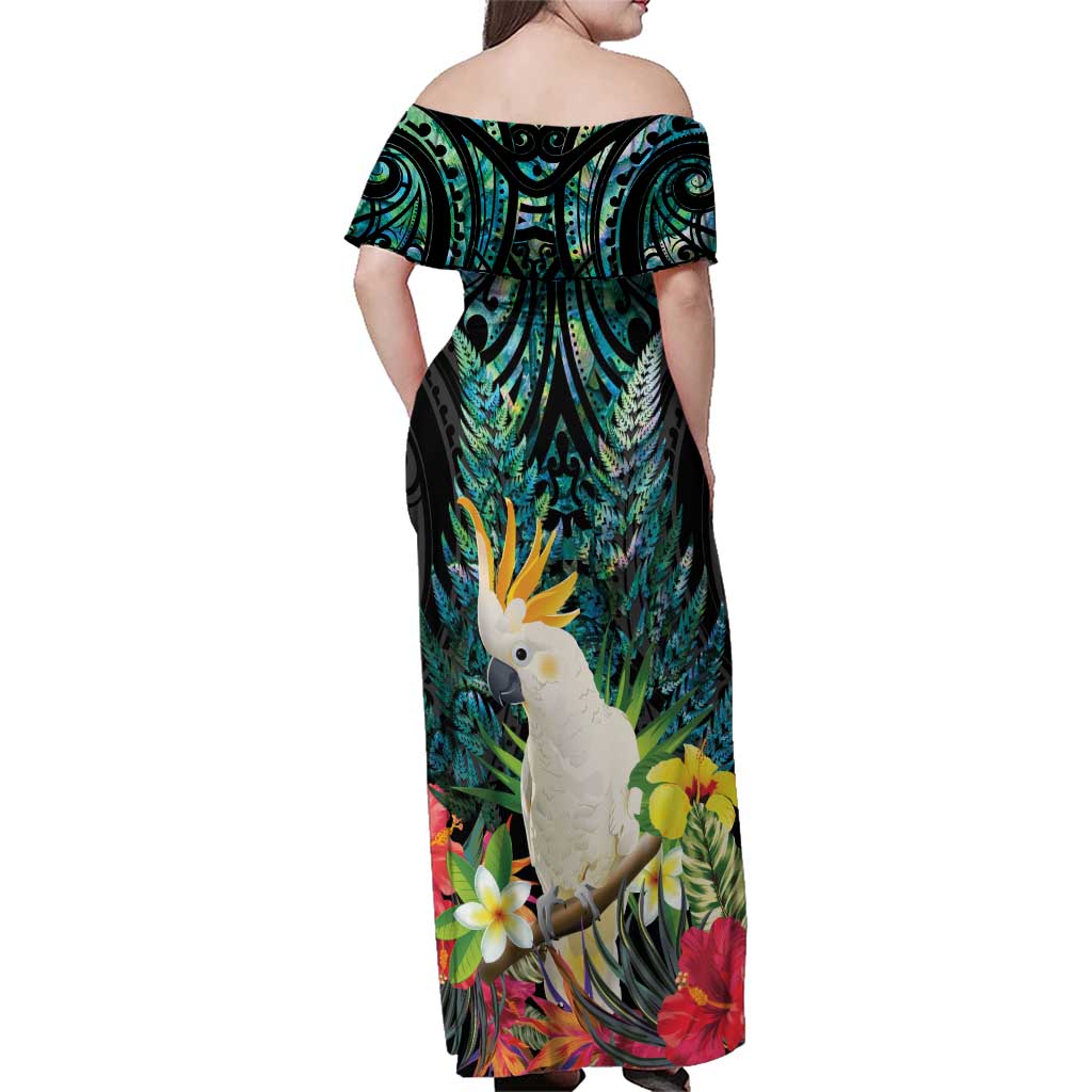 Sulphur-crested Cockatoo New Zealand Family Matching Off Shoulder Maxi Dress and Hawaiian Shirt Paua Shell Aotearoa Maori Tropical Flowers LT14 - Polynesian Pride