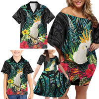 Sulphur-crested Cockatoo New Zealand Family Matching Off Shoulder Short Dress and Hawaiian Shirt Paua Shell Aotearoa Maori Tropical Flowers LT14 - Polynesian Pride