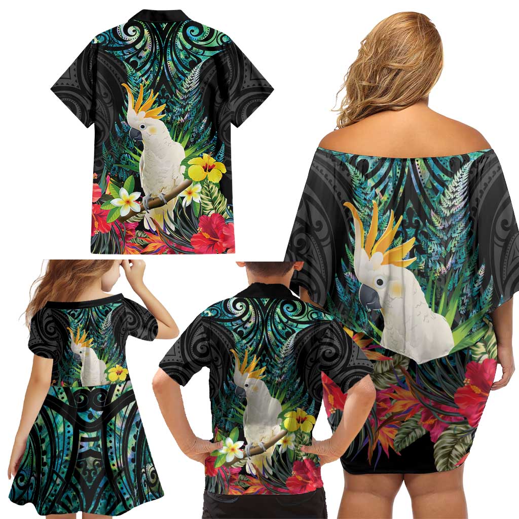 Sulphur-crested Cockatoo New Zealand Family Matching Off Shoulder Short Dress and Hawaiian Shirt Paua Shell Aotearoa Maori Tropical Flowers LT14 - Polynesian Pride