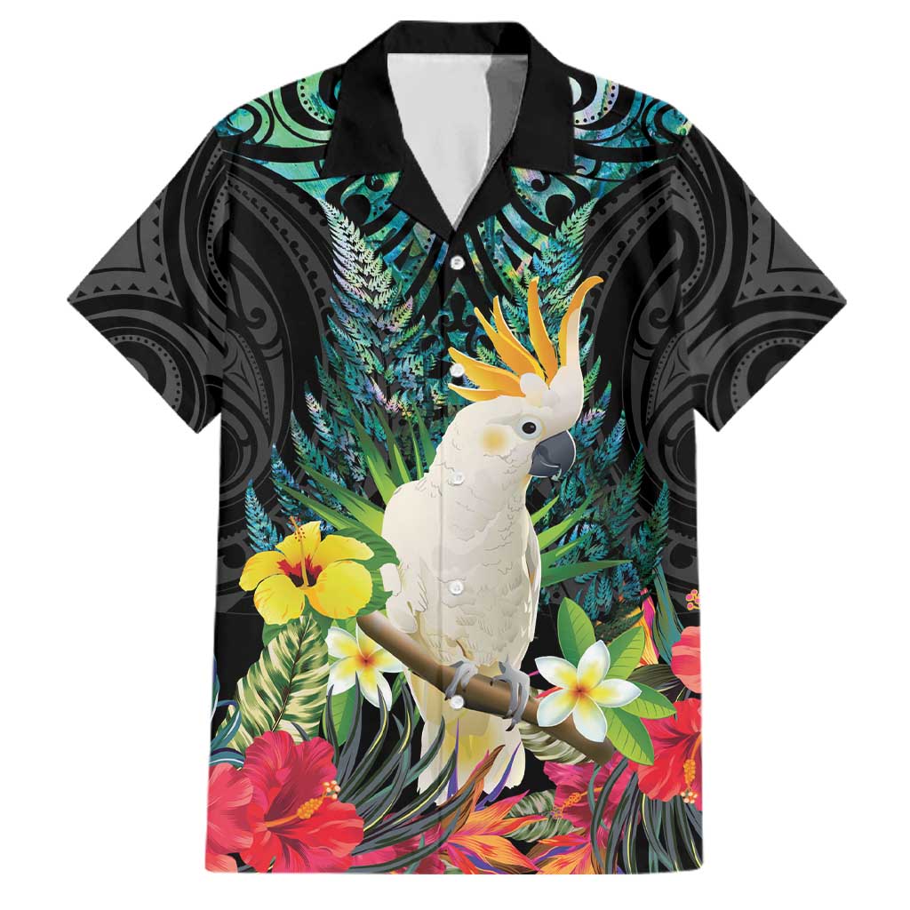 Sulphur-crested Cockatoo New Zealand Family Matching Off Shoulder Short Dress and Hawaiian Shirt Paua Shell Aotearoa Maori Tropical Flowers LT14 Dad's Shirt - Short Sleeve Black - Polynesian Pride