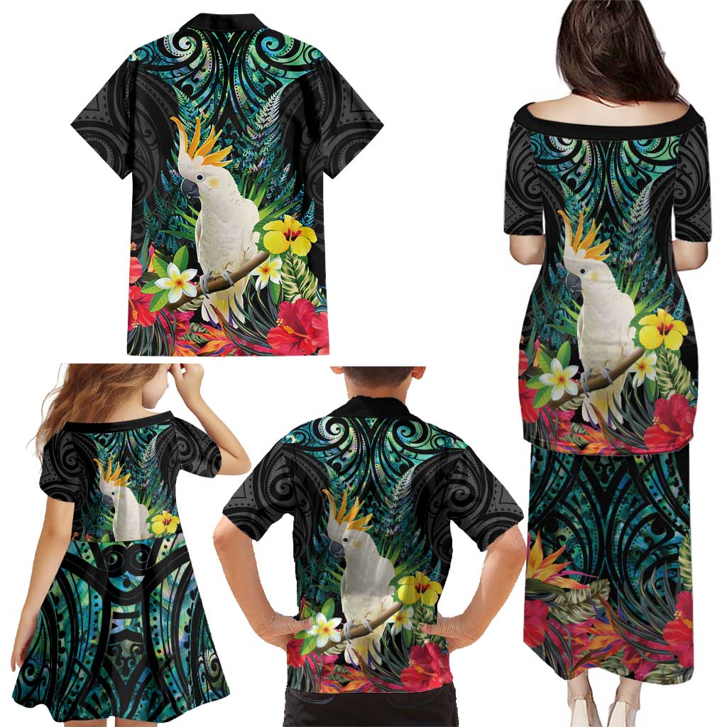 Sulphur-crested Cockatoo New Zealand Family Matching Puletasi and Hawaiian Shirt Paua Shell Aotearoa Maori Tropical Flowers LT14 - Polynesian Pride