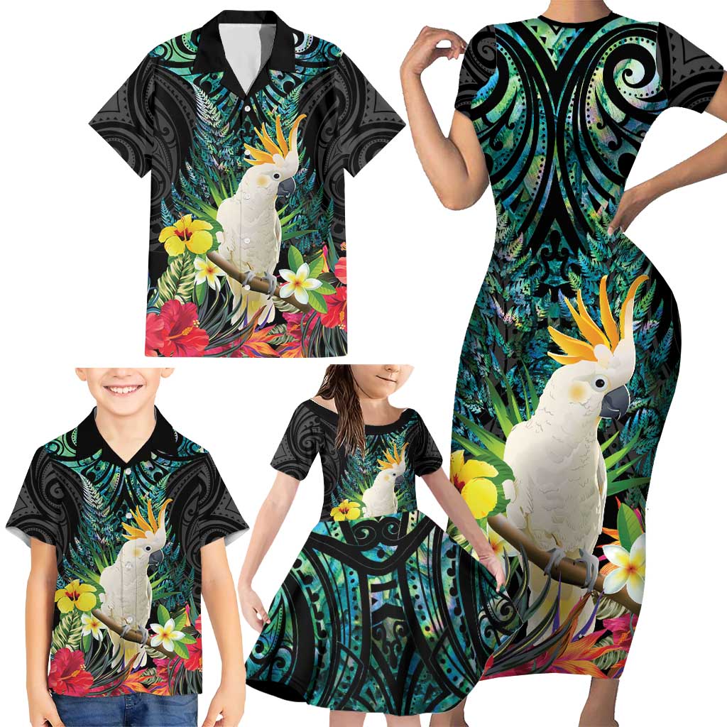 Sulphur-crested Cockatoo New Zealand Family Matching Short Sleeve Bodycon Dress and Hawaiian Shirt Paua Shell Aotearoa Maori Tropical Flowers - Polynesian Pride