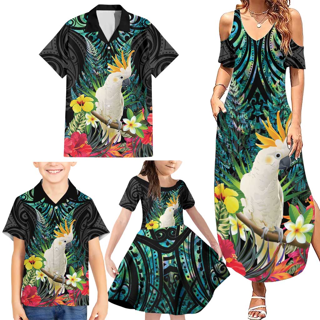 Sulphur-crested Cockatoo New Zealand Family Matching Summer Maxi Dress and Hawaiian Shirt Paua Shell Aotearoa Maori Tropical Flowers LT14 - Polynesian Pride