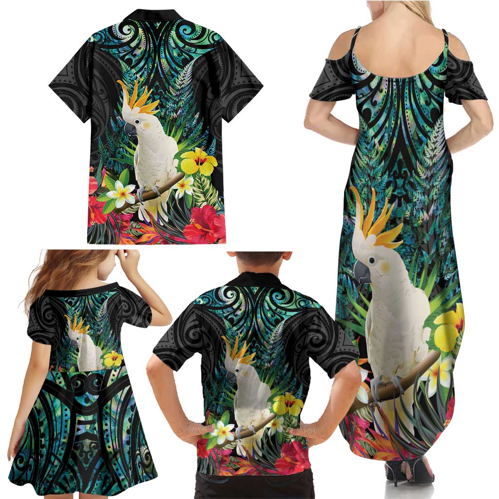 Sulphur-crested Cockatoo New Zealand Family Matching Summer Maxi Dress and Hawaiian Shirt Paua Shell Aotearoa Maori Tropical Flowers LT14 - Polynesian Pride