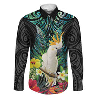 Sulphur-crested Cockatoo New Zealand Family Matching Summer Maxi Dress and Hawaiian Shirt Paua Shell Aotearoa Maori Tropical Flowers LT14 Dad's Shirt - Long Sleeve Black - Polynesian Pride