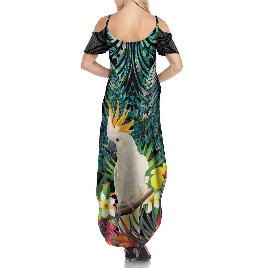 Sulphur-crested Cockatoo New Zealand Family Matching Summer Maxi Dress and Hawaiian Shirt Paua Shell Aotearoa Maori Tropical Flowers LT14 - Polynesian Pride