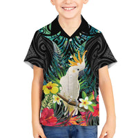 Sulphur-crested Cockatoo New Zealand Family Matching Summer Maxi Dress and Hawaiian Shirt Paua Shell Aotearoa Maori Tropical Flowers LT14 Son's Shirt Black - Polynesian Pride