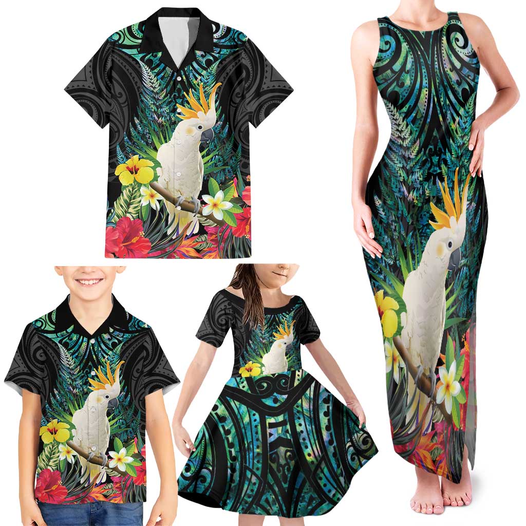 Sulphur-crested Cockatoo New Zealand Family Matching Tank Maxi Dress and Hawaiian Shirt Paua Shell Aotearoa Maori Tropical Flowers - Polynesian Pride