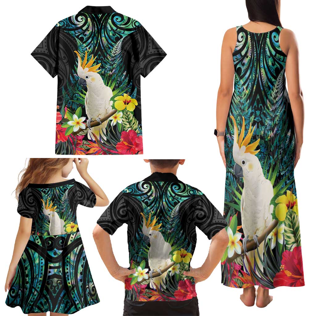 Sulphur-crested Cockatoo New Zealand Family Matching Tank Maxi Dress and Hawaiian Shirt Paua Shell Aotearoa Maori Tropical Flowers LT14 - Polynesian Pride