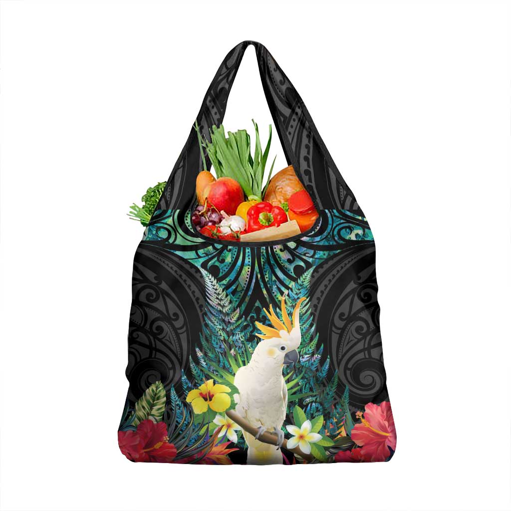 Sulphur-crested Cockatoo New Zealand Grocery Bag Paua Shell Aotearoa Maori Tropical Flowers LT14 1-pack One Size Black - Polynesian Pride