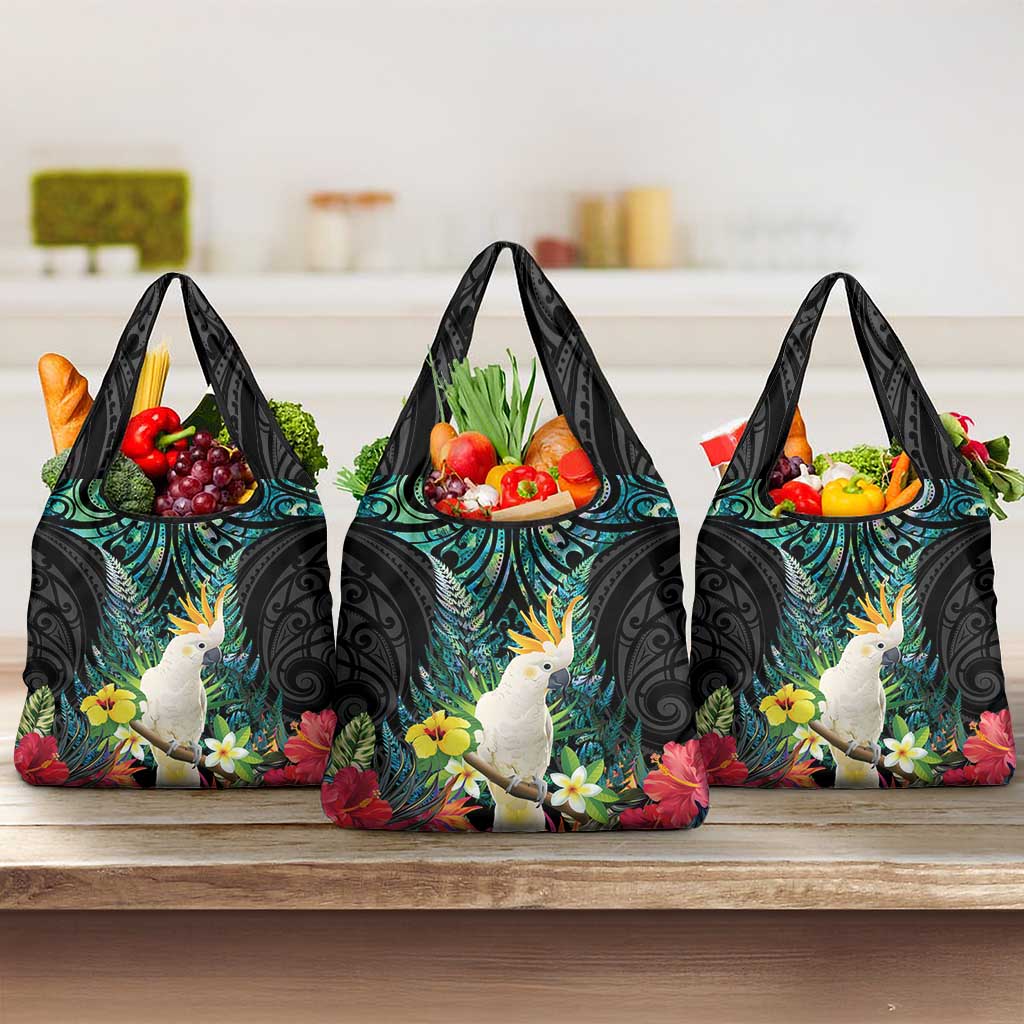 Sulphur-crested Cockatoo New Zealand Grocery Bag Paua Shell Aotearoa Maori Tropical Flowers LT14 3-pack One Size Black - Polynesian Pride