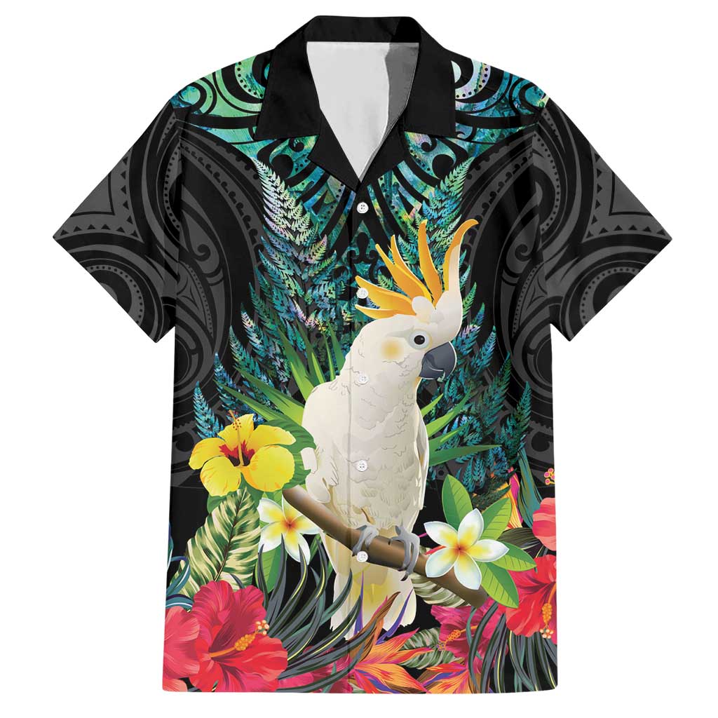 Sulphur-crested Cockatoo New Zealand Hawaiian Shirt Paua Shell Aotearoa Maori Tropical Flowers LT14 Black - Polynesian Pride