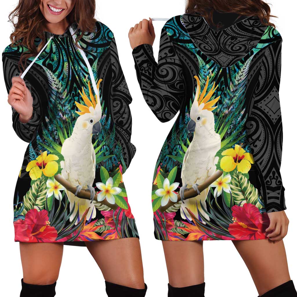 Sulphur-crested Cockatoo New Zealand Hoodie Dress Paua Shell Aotearoa Maori Tropical Flowers LT14 - Polynesian Pride