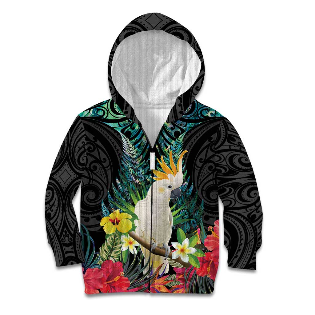 Sulphur-crested Cockatoo New Zealand Kid Hoodie Paua Shell Aotearoa Maori Tropical Flowers - Polynesian Pride