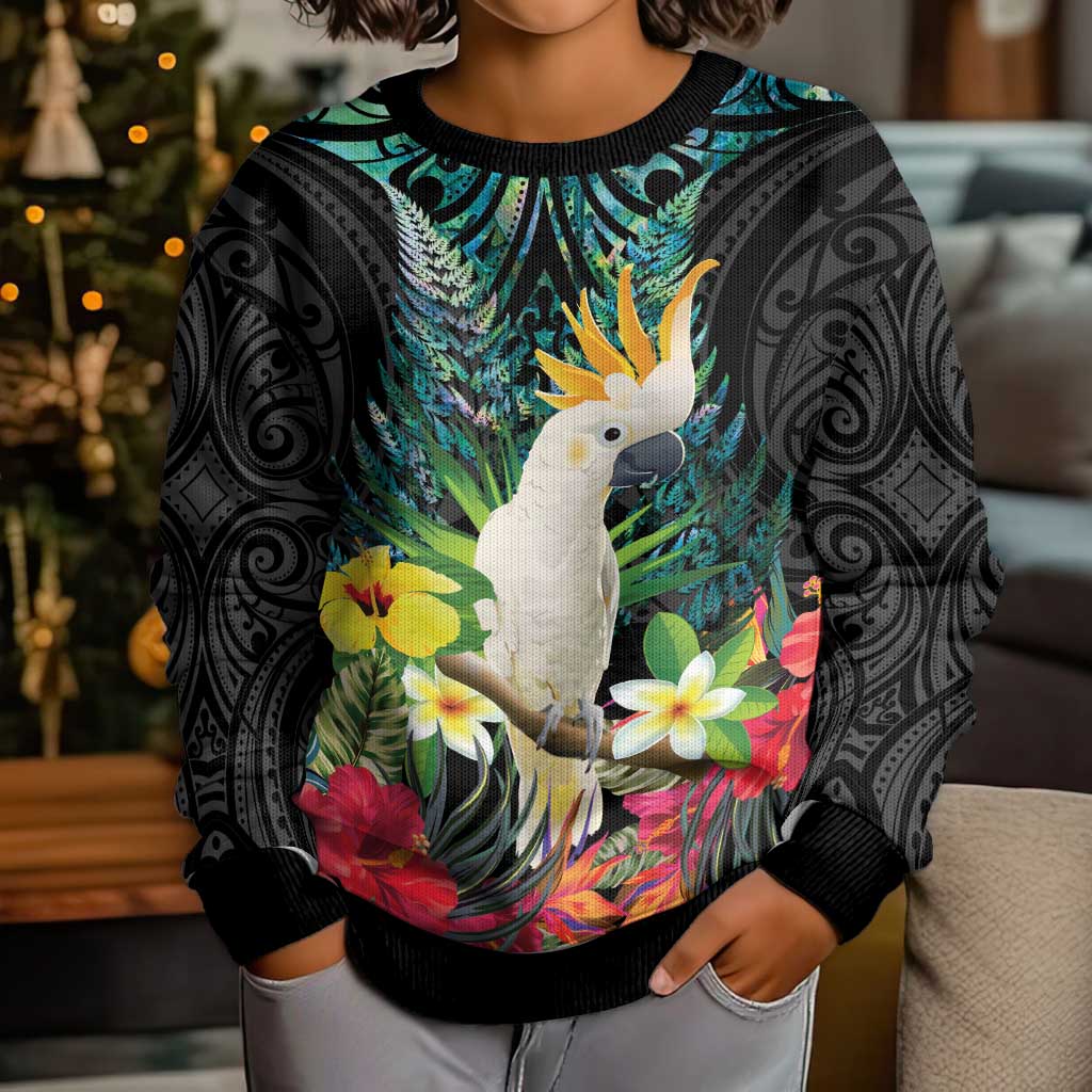 Sulphur-crested Cockatoo New Zealand Kid Ugly Christmas Sweater Paua Shell Aotearoa Maori Tropical Flowers LT14 - Polynesian Pride