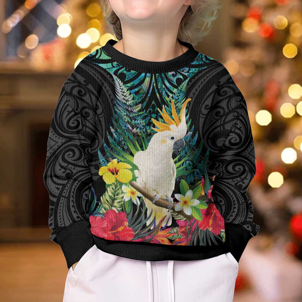 Sulphur-crested Cockatoo New Zealand Kid Ugly Christmas Sweater Paua Shell Aotearoa Maori Tropical Flowers LT14 - Polynesian Pride