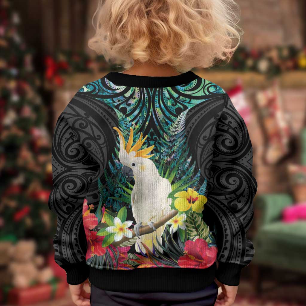 Sulphur-crested Cockatoo New Zealand Kid Ugly Christmas Sweater Paua Shell Aotearoa Maori Tropical Flowers LT14 - Polynesian Pride