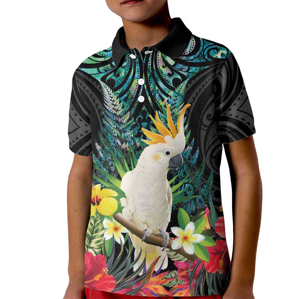 Sulphur-crested Cockatoo New Zealand Kid Polo Shirt Paua Shell Aotearoa Maori Tropical Flowers LT14 Kid Black - Polynesian Pride