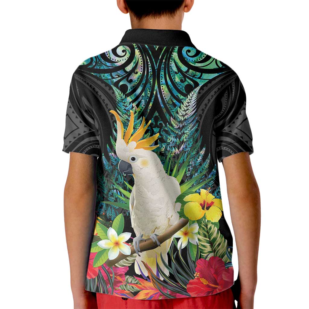 Sulphur-crested Cockatoo New Zealand Kid Polo Shirt Paua Shell Aotearoa Maori Tropical Flowers LT14 - Polynesian Pride