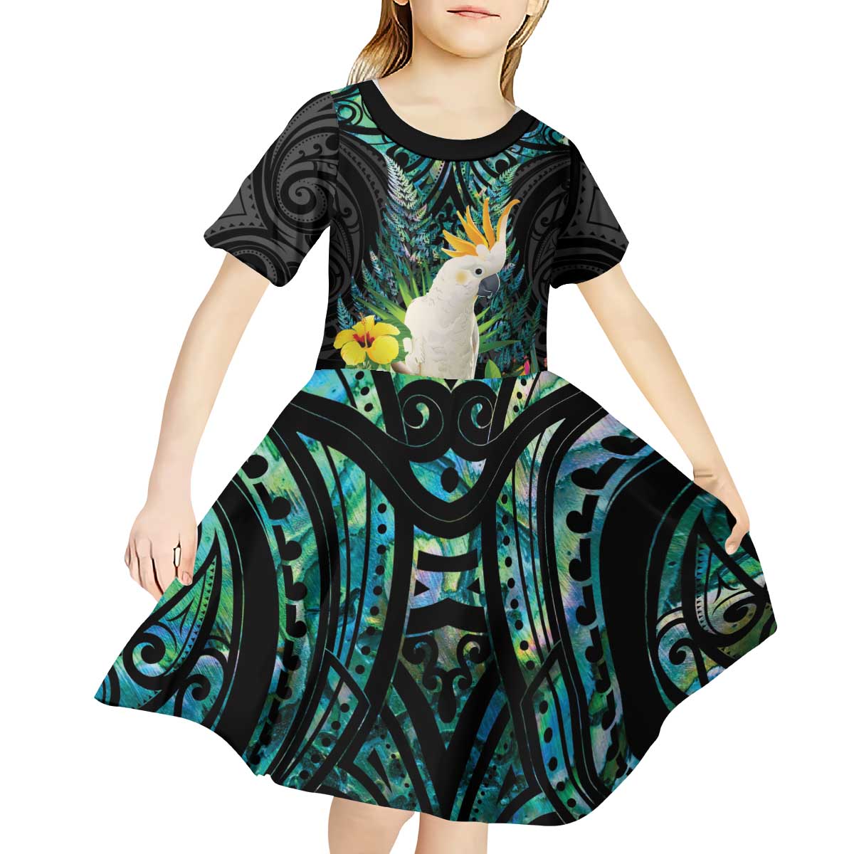 Sulphur-crested Cockatoo New Zealand Kid Short Sleeve Dress Paua Shell Aotearoa Maori Tropical Flowers LT14 - Polynesian Pride