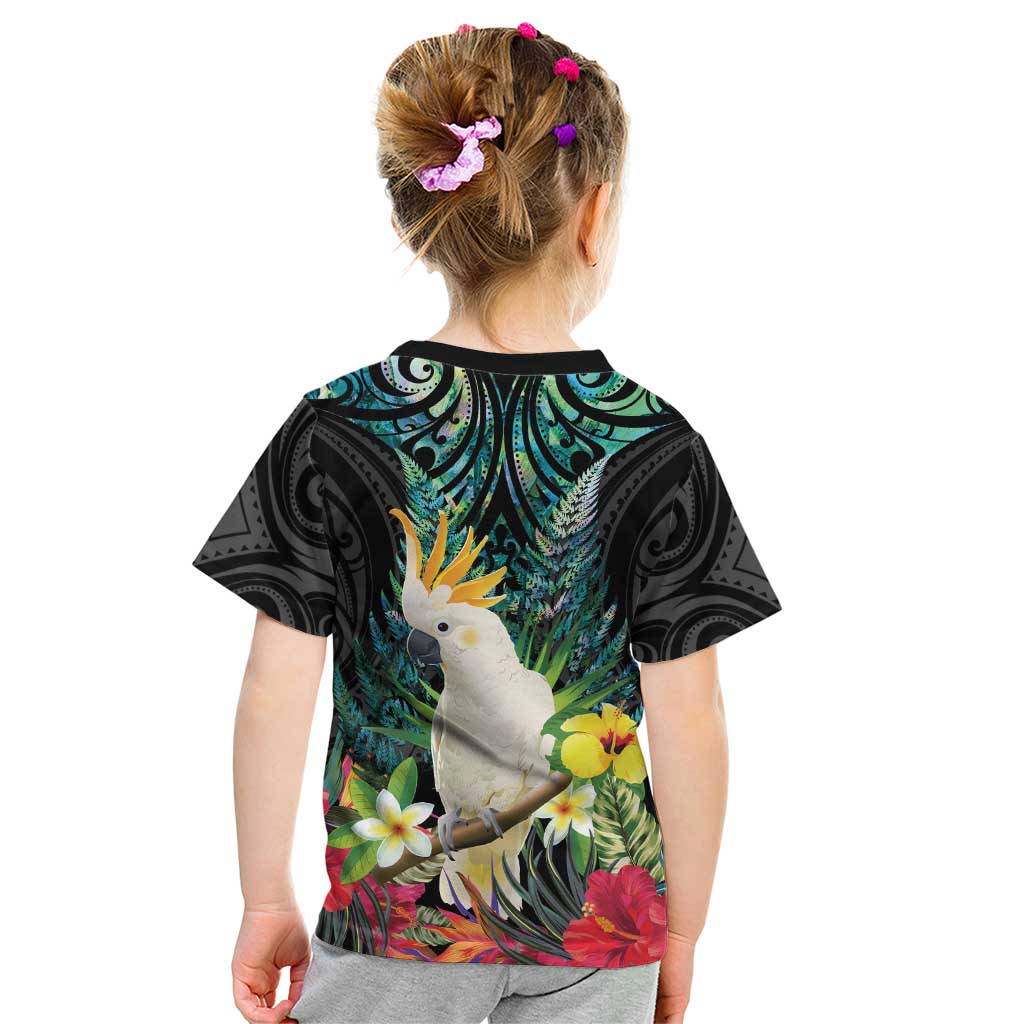 Sulphur-crested Cockatoo New Zealand Kid T Shirt Paua Shell Aotearoa Maori Tropical Flowers LT14 - Polynesian Pride