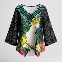 Sulphur-crested Cockatoo New Zealand Kimono Sleeve Blouse Paua Shell Aotearoa Maori Tropical Flowers LT14 Female Black - Polynesian Pride