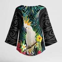 Sulphur-crested Cockatoo New Zealand Kimono Sleeve Blouse Paua Shell Aotearoa Maori Tropical Flowers LT14 - Polynesian Pride
