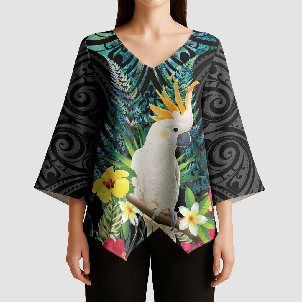Sulphur-crested Cockatoo New Zealand Kimono Sleeve Blouse Paua Shell Aotearoa Maori Tropical Flowers LT14 - Polynesian Pride