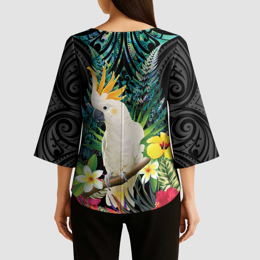 Sulphur-crested Cockatoo New Zealand Kimono Sleeve Blouse Paua Shell Aotearoa Maori Tropical Flowers LT14 - Polynesian Pride